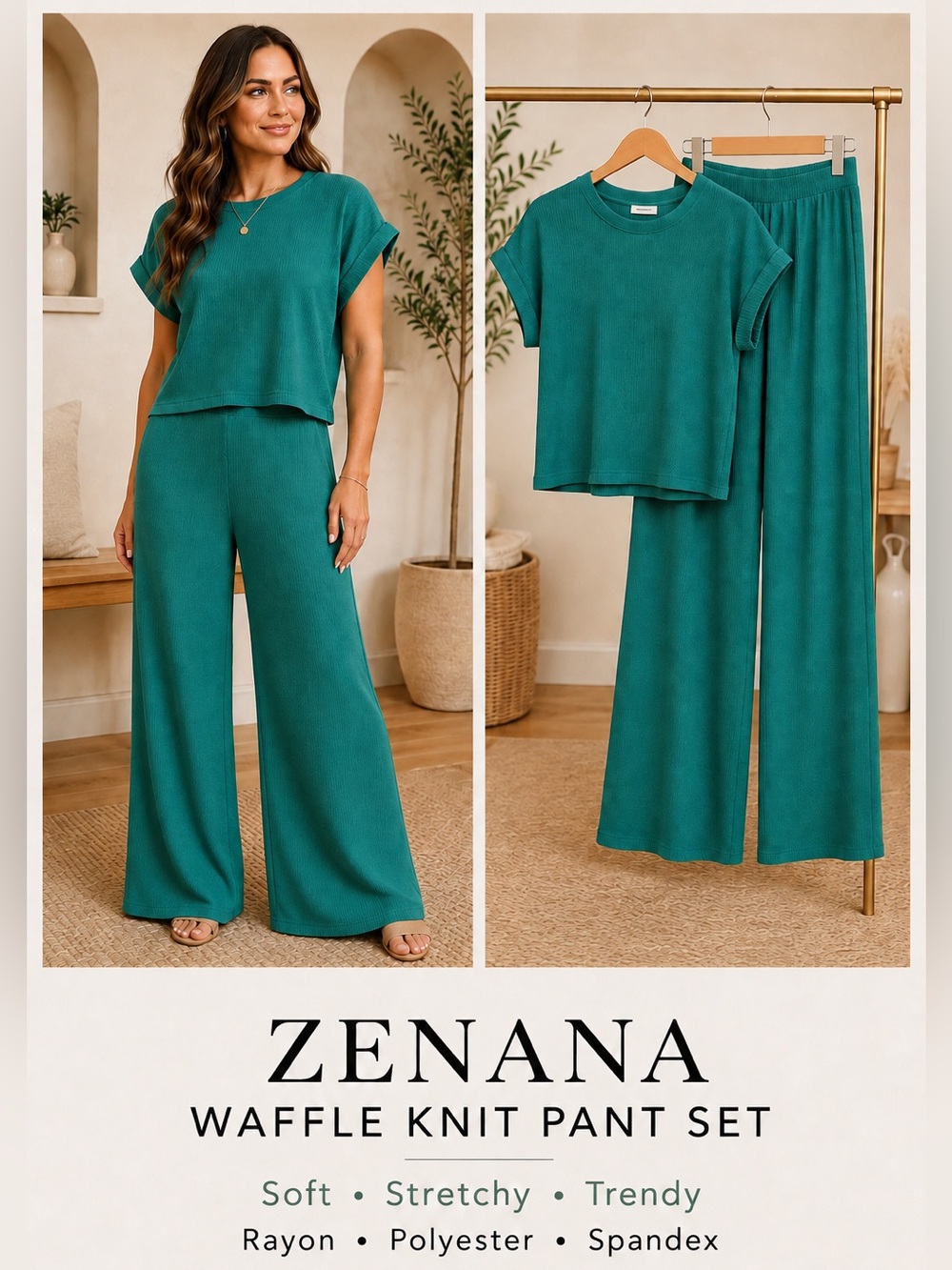 Zenana Relaxed Knit Wide-Leg Pants and Top Set - Kelly Green